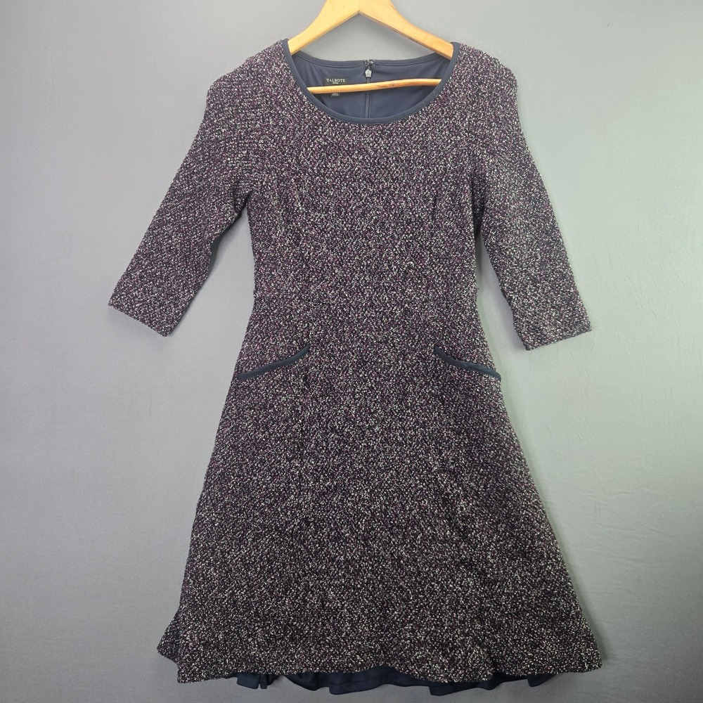 Talbots Dress Petite 6P Navy Magenta Tweed A-Line 3/4 Sleeve Pockets Textured